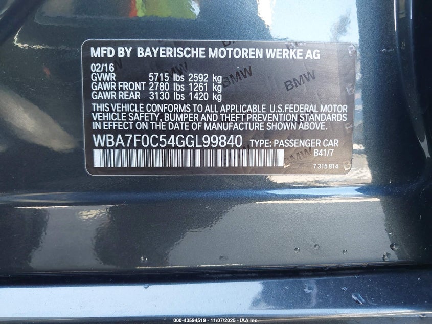 2016 BMW 750I WBA7F0C54GGL99840