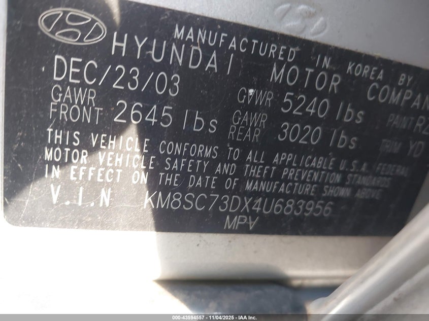 2004 Hyundai Santa Fe Gls VIN: KM8SC73DX4U683956 Lot: 43594557