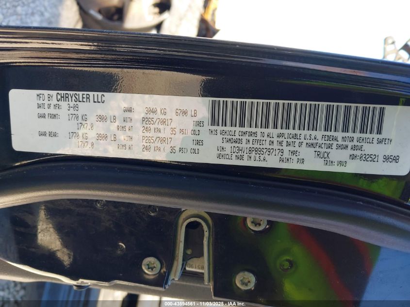 2009 Dodge Ram 1500 Slt/Sport/Trx VIN: 1D3HV18P89S797179 Lot: 43594561