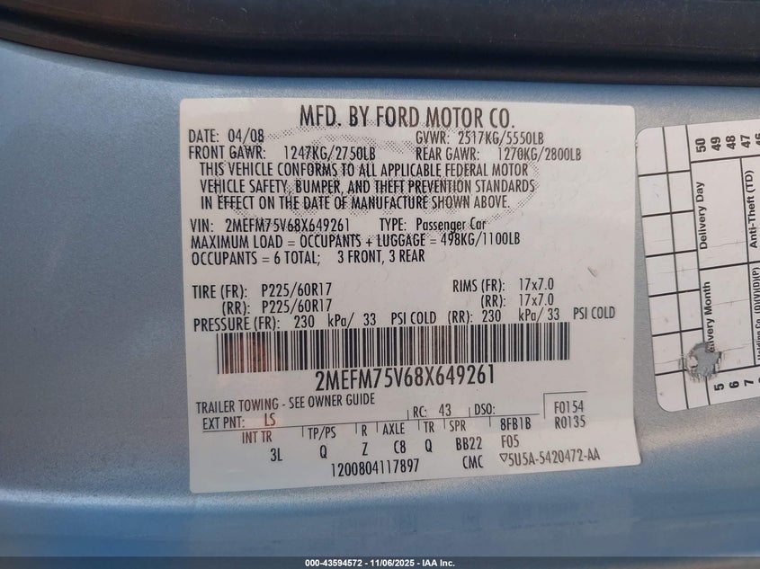 2008 Mercury Grand Marquis Ls VIN: 2MEFM75V68X649261 Lot: 43594572