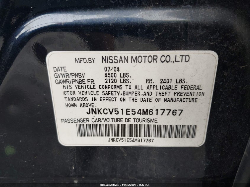 2004 Infiniti G35 VIN: JNKCV51E54M617767 Lot: 43594585