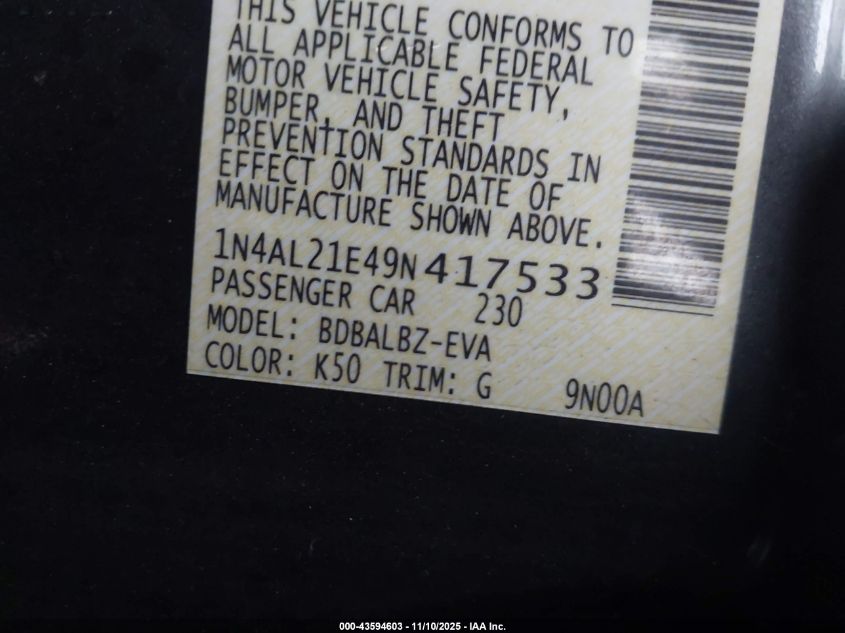 2009 Nissan Altima 2.5 S VIN: 1N4AL21E49N417533 Lot: 43594603