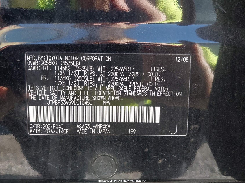 2009 Toyota Rav4 VIN: JTMBF33V59D010450 Lot: 43594611