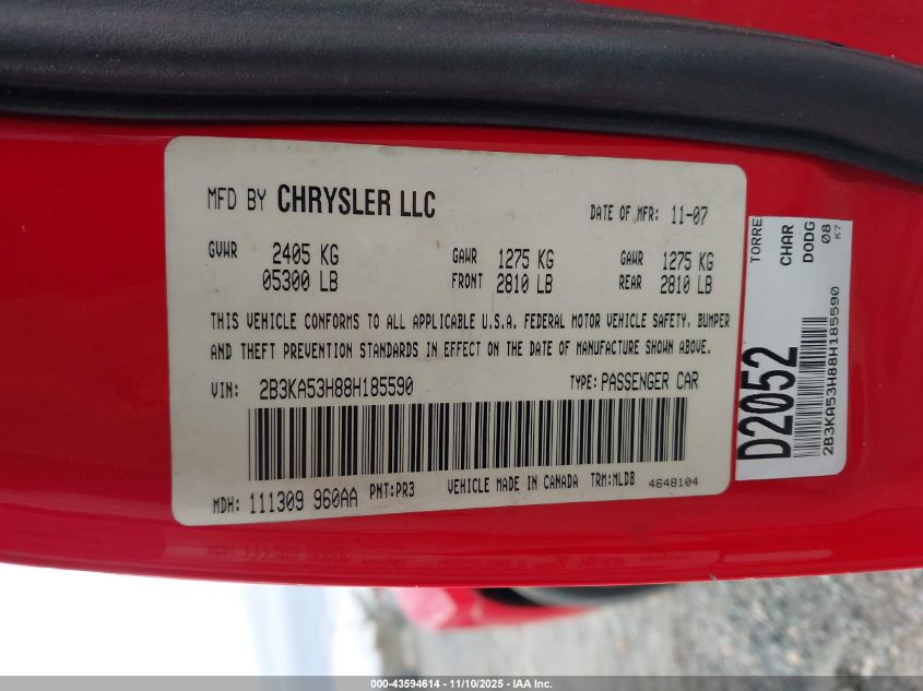 2008 Dodge Charger R/T VIN: 2B3KA53H88H185590 Lot: 43594614