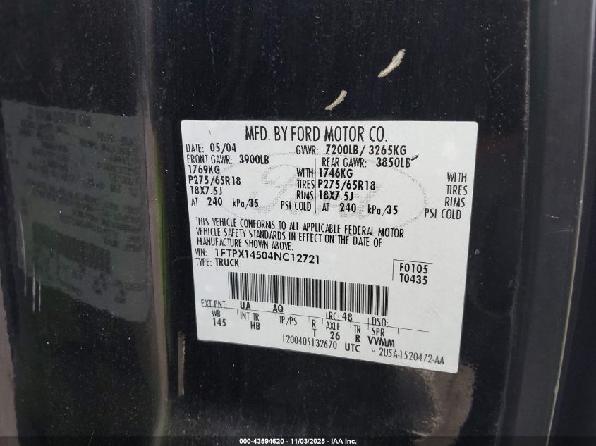 2004 Ford F-150 Fx4/Lariat/Xl/Xlt VIN: 1FTPX14504NC12721 Lot: 43594620