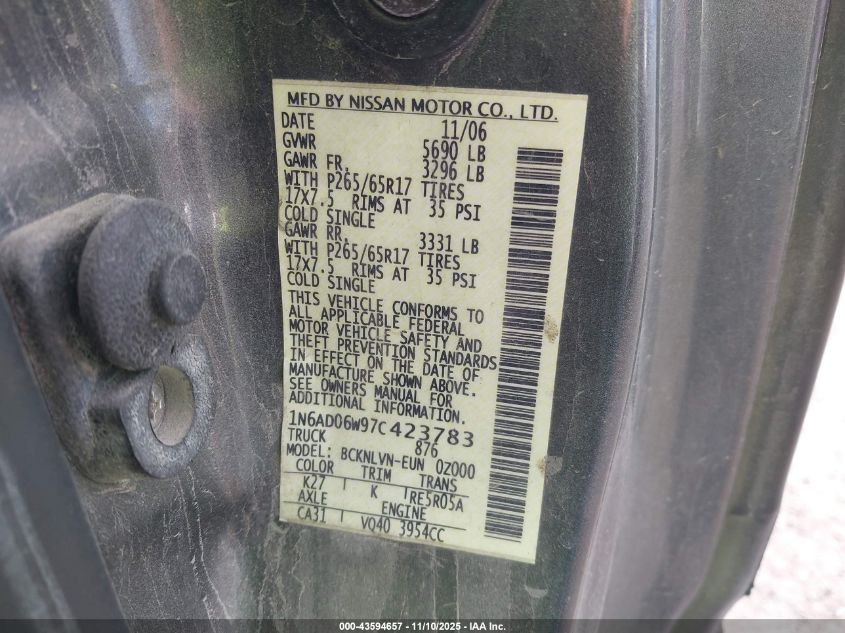 2007 Nissan Frontier Le VIN: 1N6AD06W97C423783 Lot: 43594657