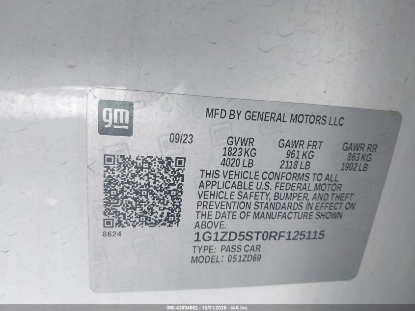 2024 Chevrolet Malibu Fwd 1Lt VIN: 1G1ZD5ST0RF125115 Lot: 43594662