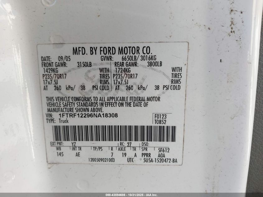 2006 Ford F-150 Stx/Xl/Xlt VIN: 1FTRF12296NA18308 Lot: 43594686