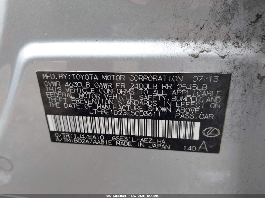 2014 Lexus Is 350 VIN: JTHBE1D23E5003611 Lot: 43594691