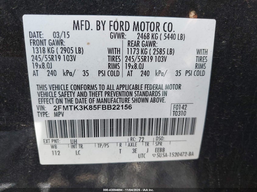 2015 Ford Edge Titanium VIN: 2FMTK3K85FBB22156 Lot: 43594694