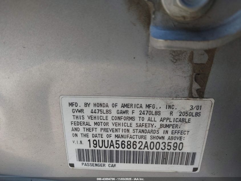 2002 Acura Tl 3.2 Type S VIN: 19UUA56862A003590 Lot: 43594706