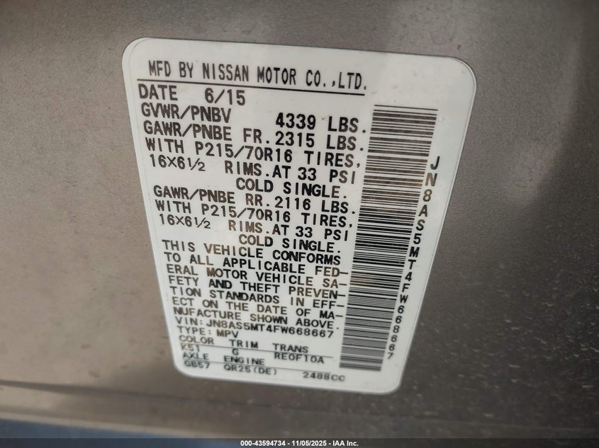 2015 NISSAN ROGUE SELECT S JN8AS5MT4FW668667