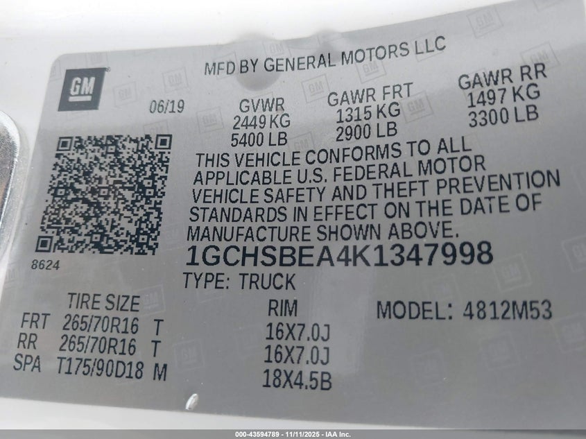 2019 Chevrolet Colorado Wt VIN: 1GCHSBEA4K1347998 Lot: 43594789