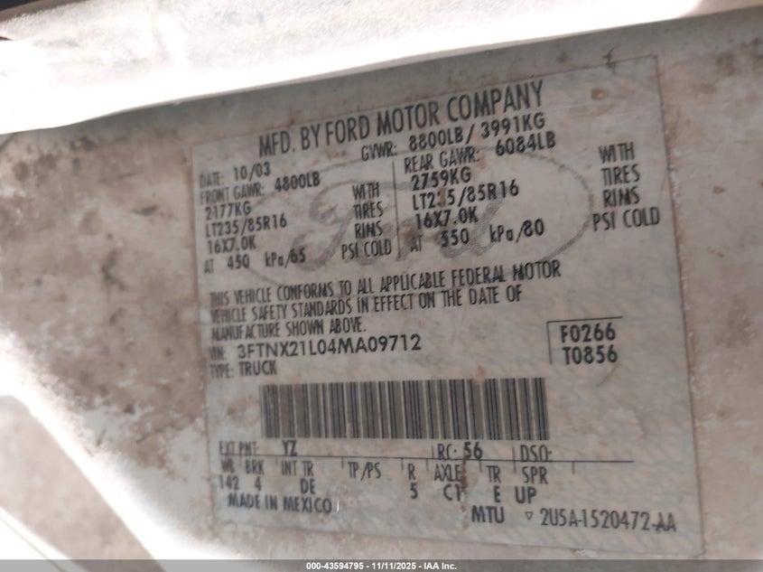 2004 Ford F-250 Lariat/Xl/Xlt VIN: 3FTNX21L04MA09712 Lot: 43594795