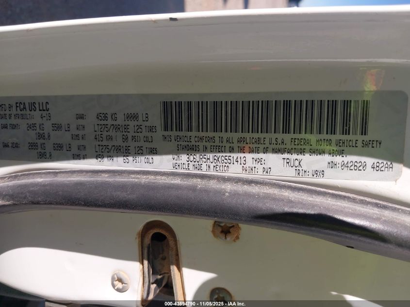 2019 Ram 2500 Tradesman 4X4 8' Box VIN: 3C6UR5HJ6KG551413 Lot: 43594790