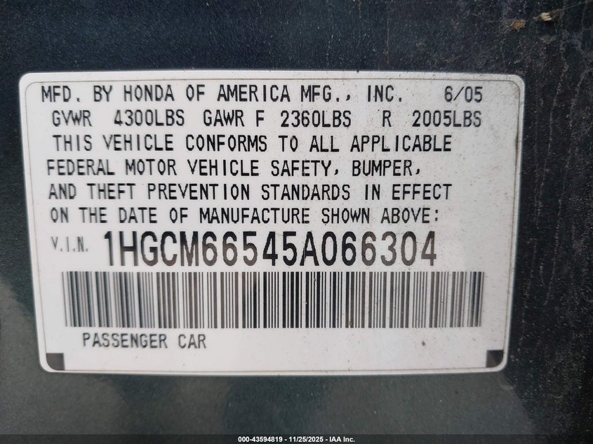 2005 Honda Accord 3.0 Ex VIN: 1HGCM66545A066304 Lot: 43594819