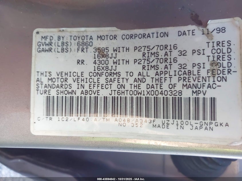 1999 Lexus Lx 470 VIN: JT6HT00W1X0040328 Lot: 43594842