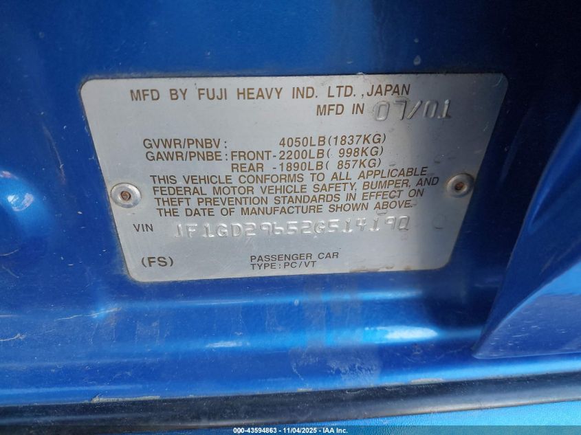 2002 Subaru Impreza Wrx VIN: JF1GD29652G514190 Lot: 43594863