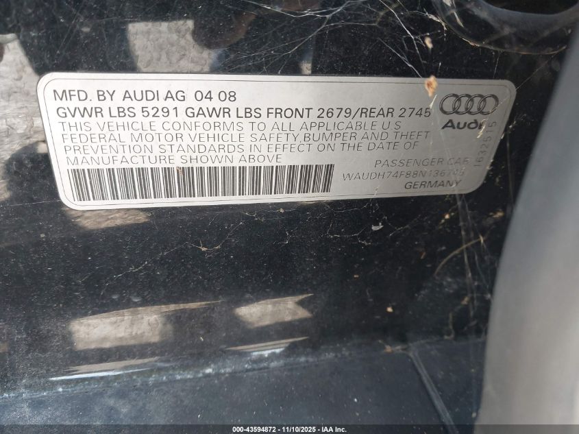 2008 Audi A6 3.2 VIN: WAUDH74F88N136745 Lot: 43594872