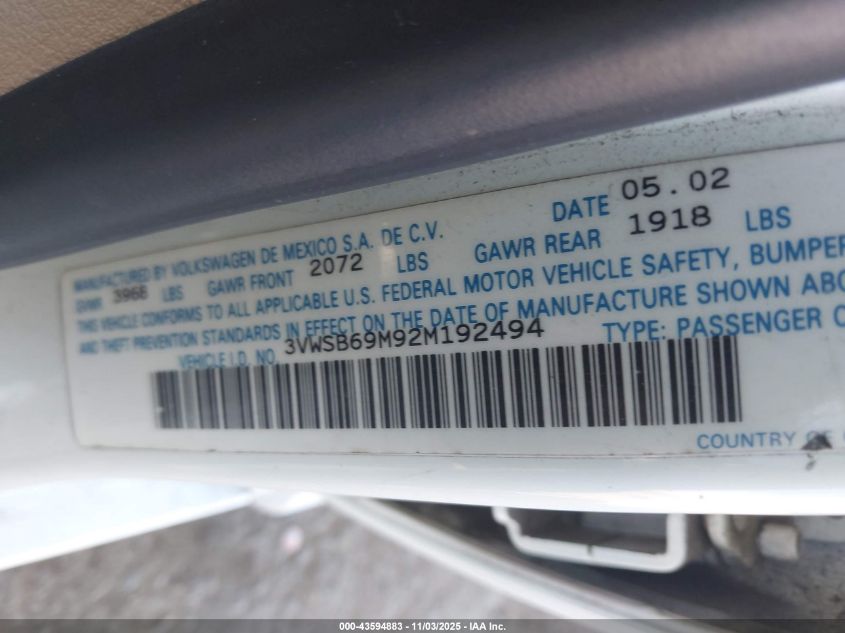 2002 Volkswagen Jetta Gls VIN: 3VWSB69M92M192494 Lot: 43594883