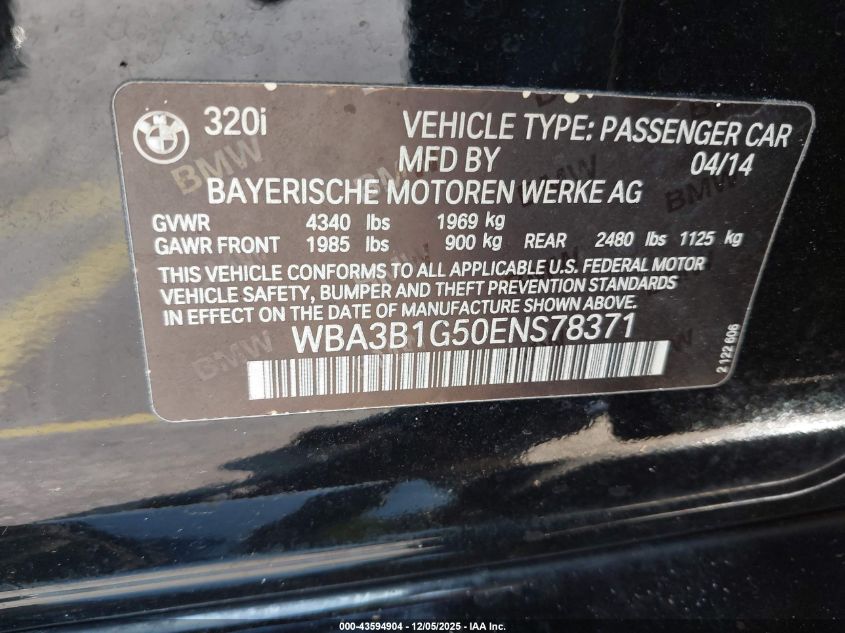 2014 BMW 320I VIN: WBA3B1G50ENS78371 Lot: 43594904