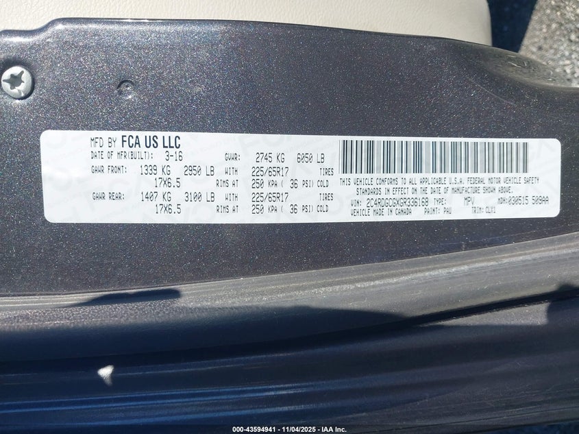 2016 Dodge Grand Caravan Sxt VIN: 2C4RDGCGXGR336168 Lot: 43594941