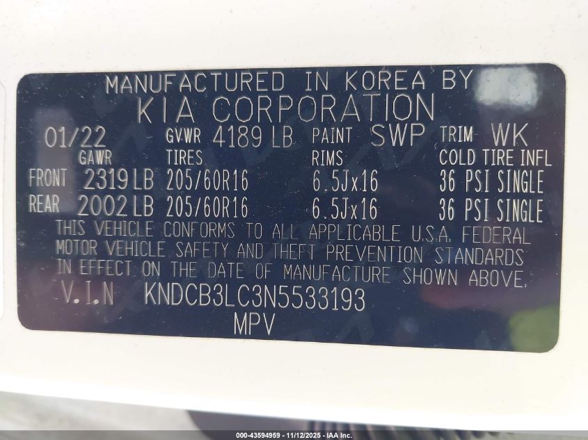 2022 Kia Niro Lxs VIN: KNDCB3LC3N5533193 Lot: 43594959