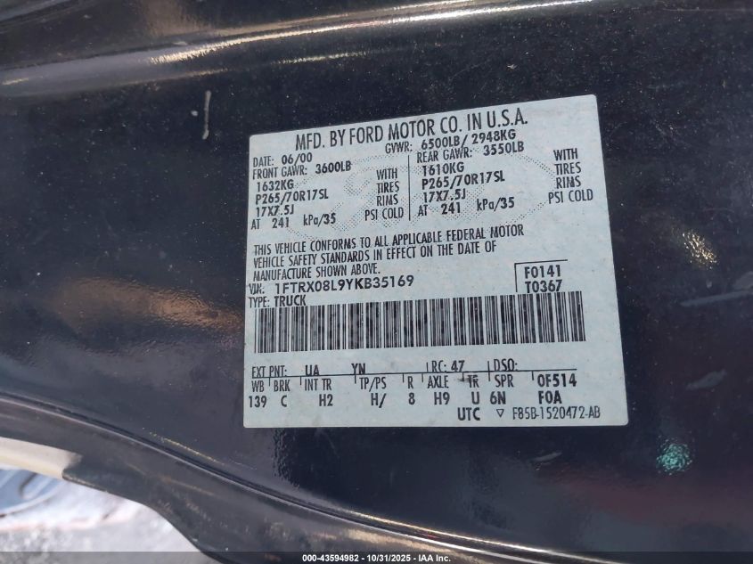 2000 Ford F-150 Lariat/Xl/Xlt VIN: 1FTRX08L9YKB35169 Lot: 43594982