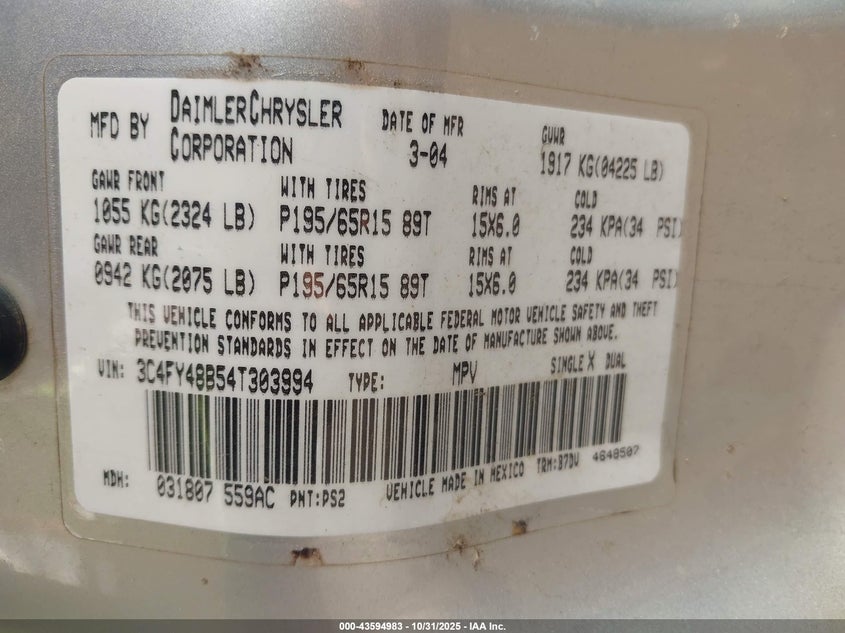 2004 Chrysler Pt Cruiser VIN: 3C4FY48B54T303994 Lot: 43594983