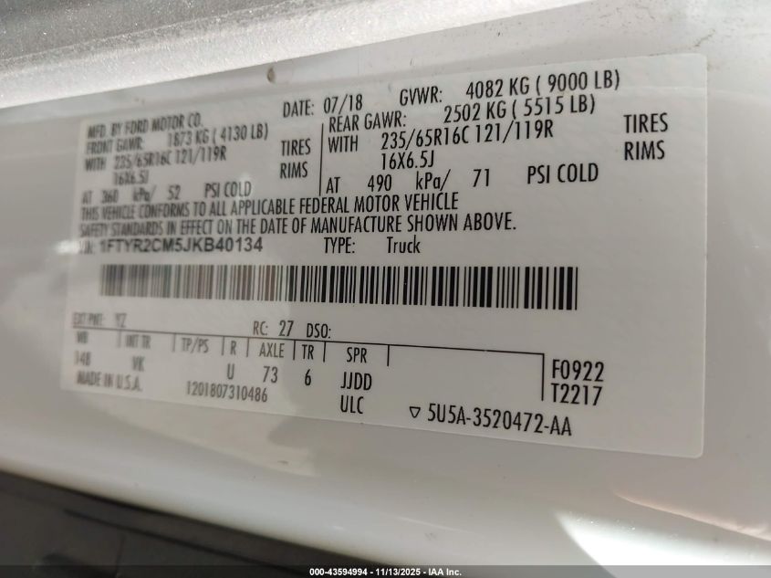 2018 Ford Transit-250 VIN: 1FTYR2CM5JKB40134 Lot: 43594994