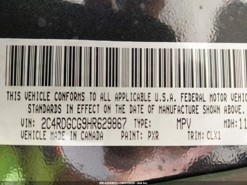 2017 Dodge Grand Caravan Sxt VIN: 2C4RDGCG9HR629867 Lot: 43595031