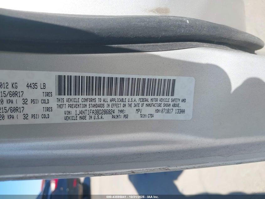 2011 Jeep Compass VIN: 1J4NT1FA3BD286824 Lot: 43595041