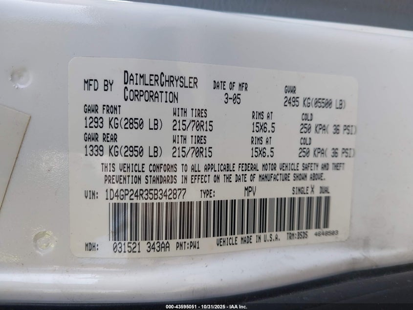 2005 Dodge Grand Caravan Se VIN: 1D4GP24R35B342877 Lot: 43595051