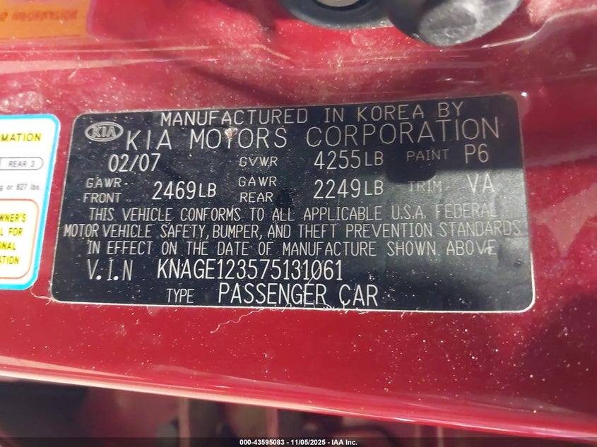 2007 Kia Optima Ex VIN: KNAGE123575131061 Lot: 43595083