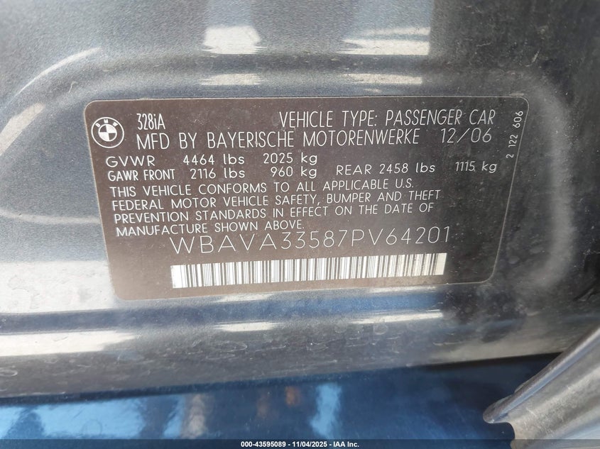 2007 BMW 328I VIN: WBAVA33587PV64201 Lot: 43595089