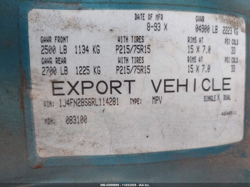 1994 Jeep Cherokee Se VIN: 1J4FN28S6RL114281 Lot: 43595095