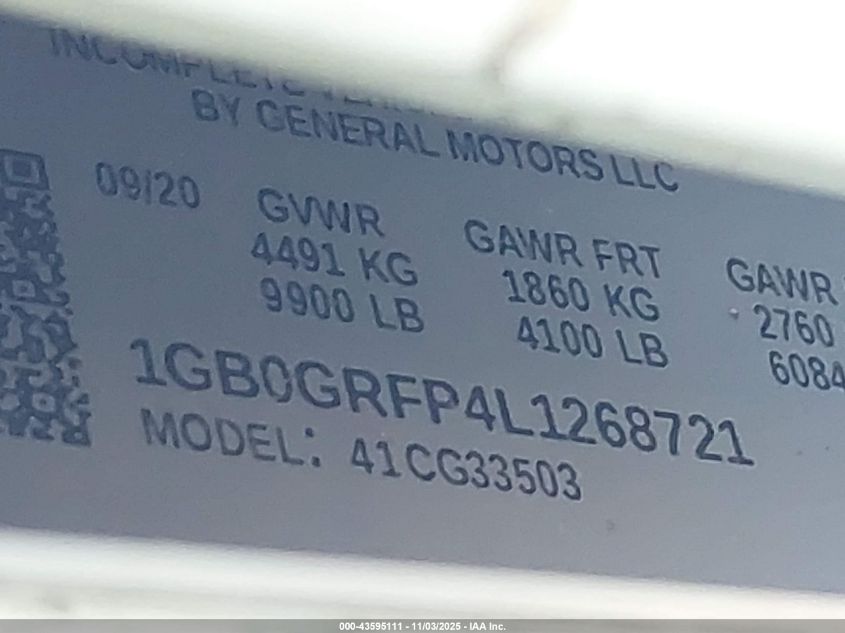 2020 Chevrolet Express Cutaway Work Van VIN: 1GB0GRFP4L1268721 Lot: 43595111