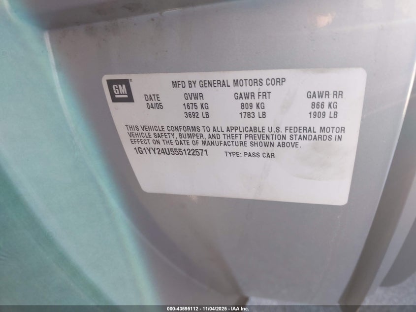 2005 Chevrolet Corvette VIN: 1G1YY24U555122571 Lot: 43595112