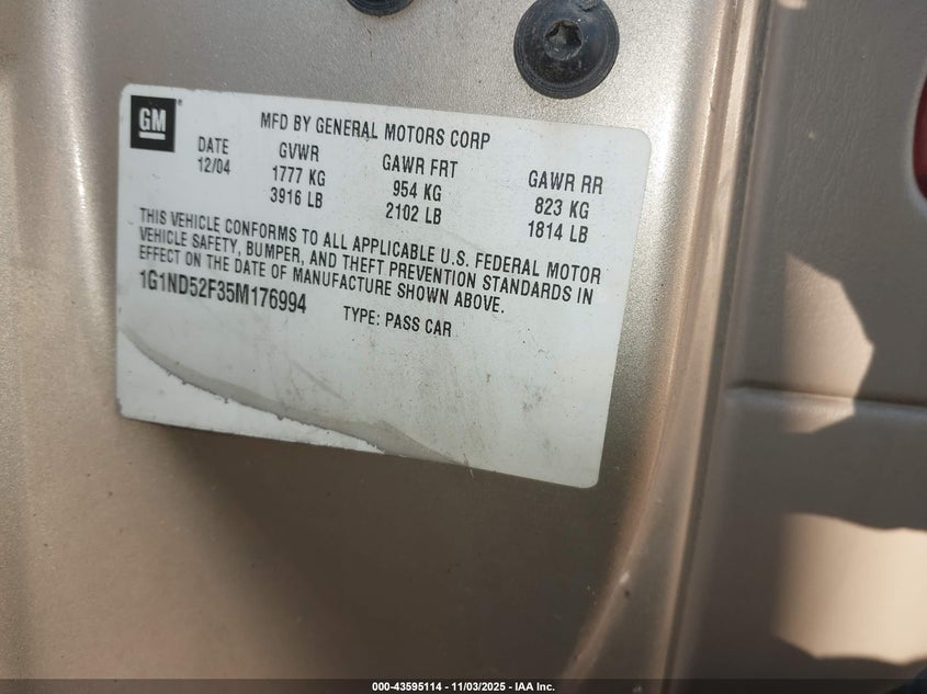 2005 Chevrolet Classic VIN: 1G1ND52F35M176994 Lot: 43595114