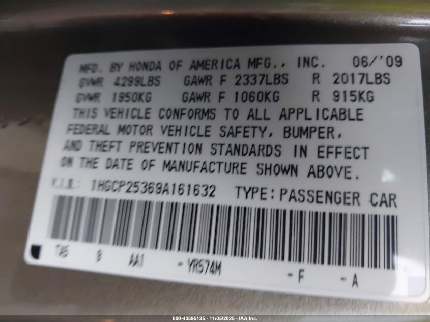 2009 Honda Accord 2.4 Lx VIN: 1HGCP25369A161632 Lot: 43595135