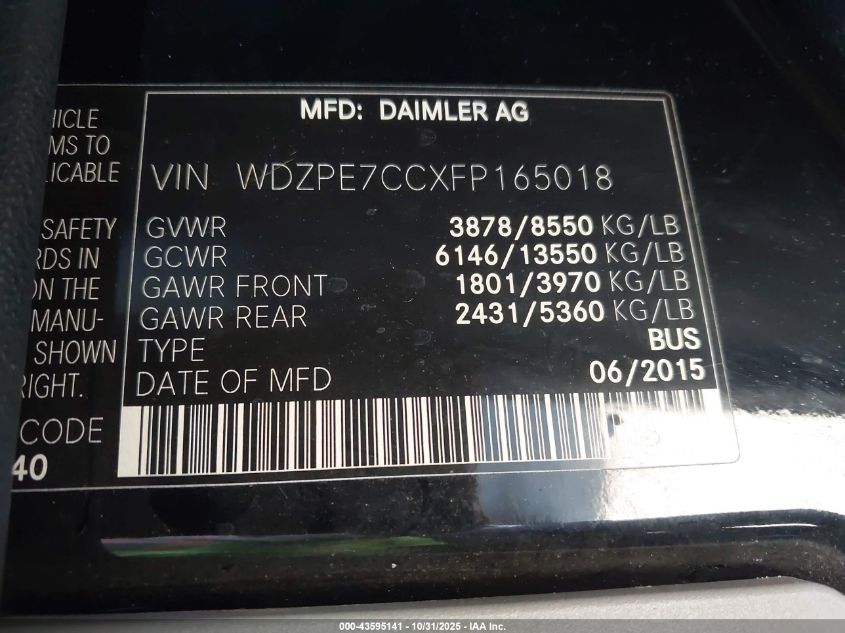 2015 Mercedes-Benz Sprinter 2500 Normal Roof VIN: WDZPE7CCXFP165018 Lot: 43595141