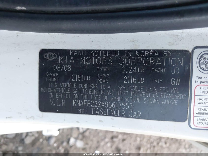 2009 Kia Spectra Ex VIN: KNAFE222X95613553 Lot: 43595144