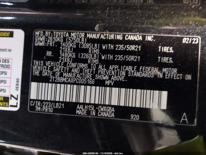 2023 Lexus Rx 350H Premium Plus VIN: 2T2BBMCAXPC005166 Lot: 43595149