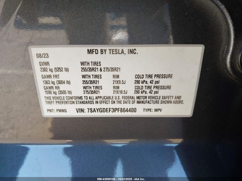 2023 Tesla Model Y Performance Dual Motor All-Wheel Drive VIN: 7SAYGDEF3PF864400 Lot: 43595150
