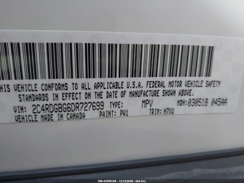 2013 Dodge Grand Caravan Se VIN: 2C4RDGBG6DR727699 Lot: 43595158