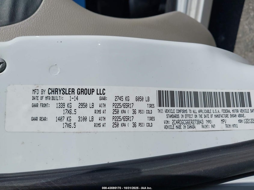 2014 Dodge Grand Caravan Sxt VIN: 2C4RDGCG6ER273843 Lot: 43595170