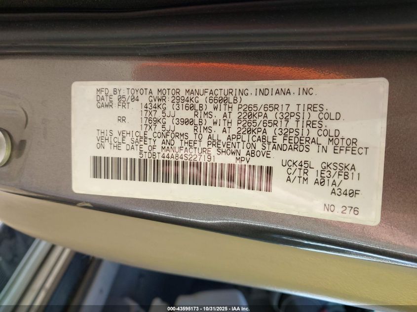 2004 Toyota Sequoia Sr5 V8 VIN: 5TDBT44A84S227191 Lot: 43595173