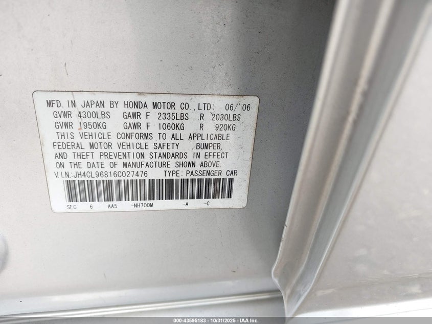 2006 Acura Tsx VIN: JH4CL96816C027476 Lot: 43595183