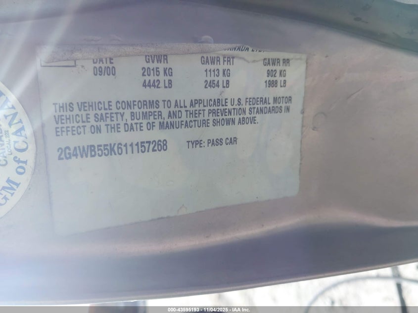 2001 Buick Regal Ls VIN: 2G4WB55K611157268 Lot: 43595193