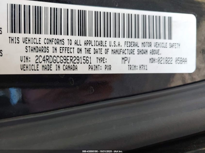 2014 Dodge Grand Caravan Sxt VIN: 2C4RDGCG9ER291561 Lot: 43595195